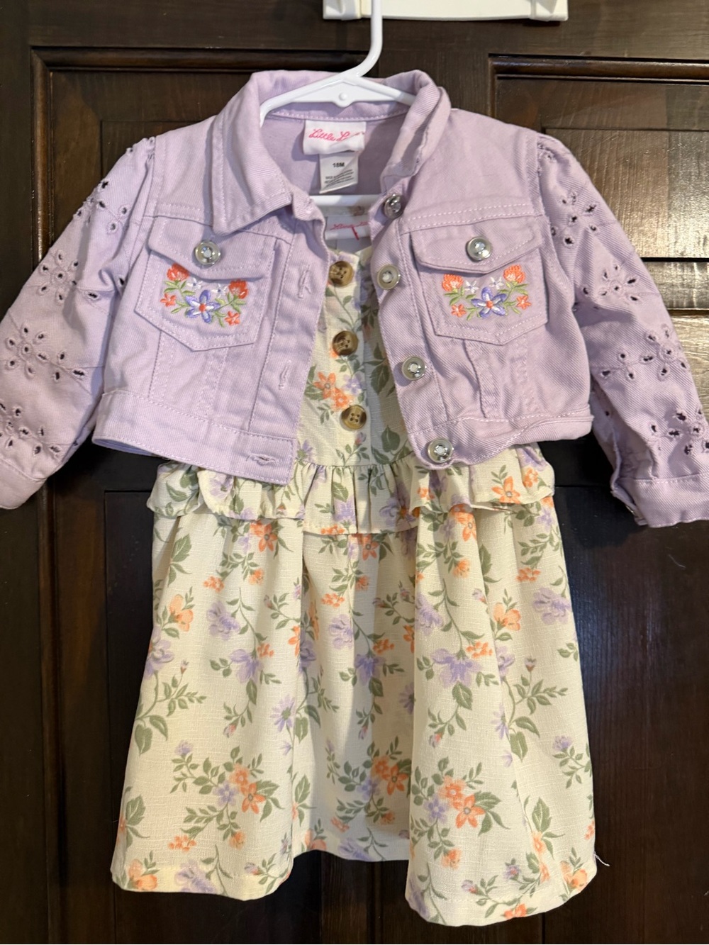 Little Lass Lilac Embroidered Jean Jacket, dress and bloomers 18month